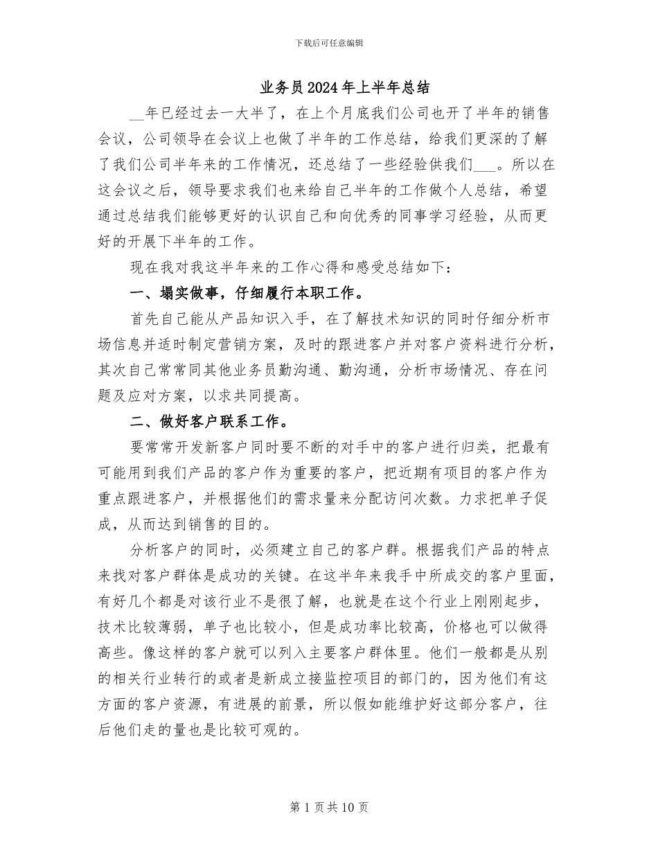 业务员2024年上半年总结_第1页