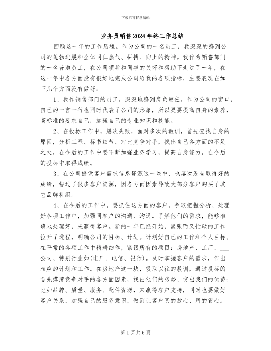 业务员销售2024年终工作总结_第1页