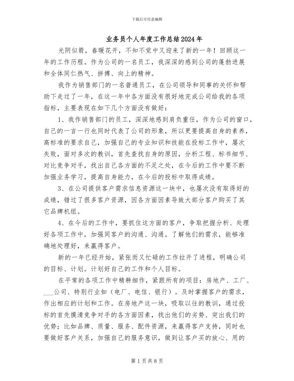业务员个人年度工作总结2024年_第1页