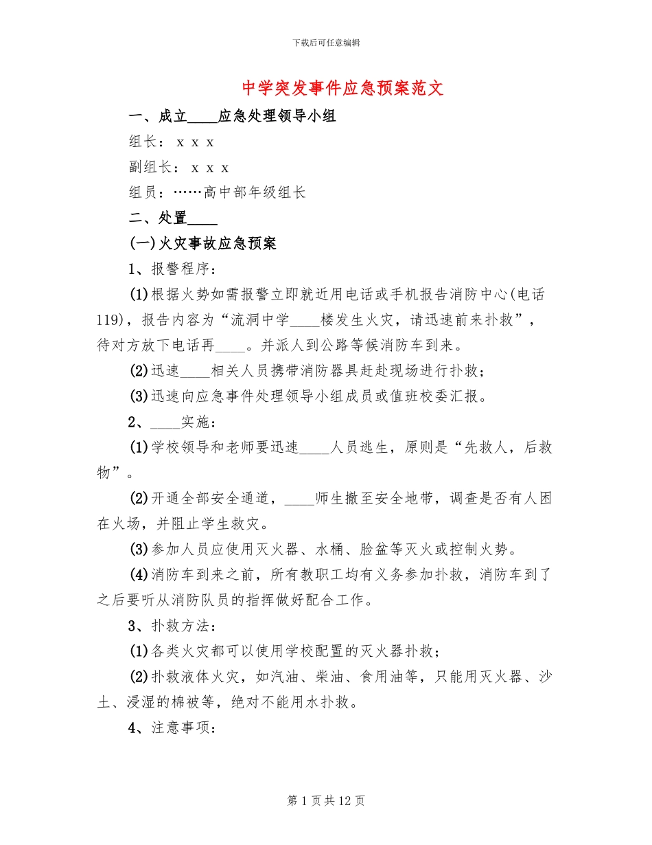 中学突发事件应急预案范文_第1页