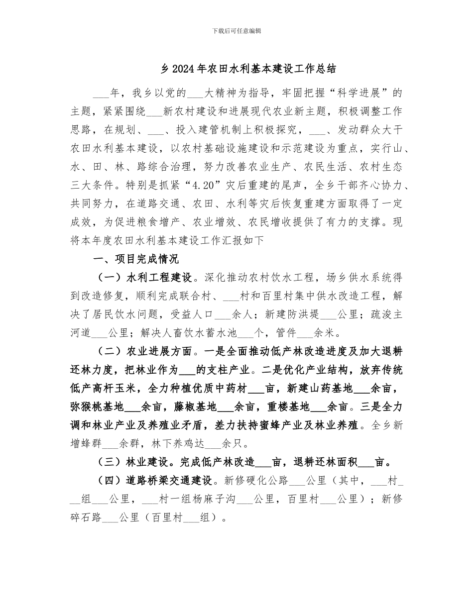 乡2024年农田水利基本建设工作总结_第1页