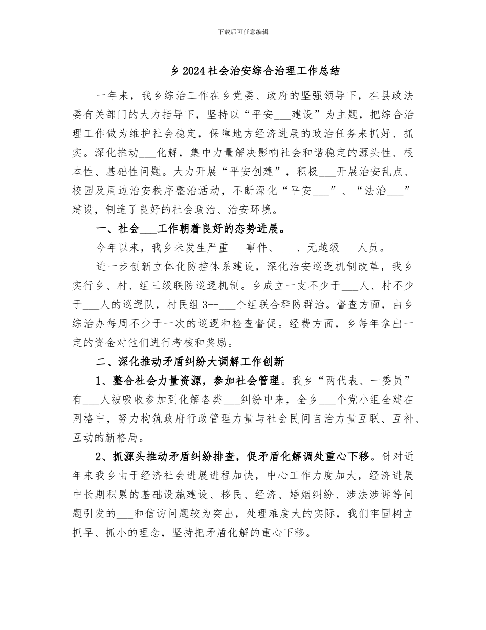 乡2024社会治安综合治理工作总结_第1页