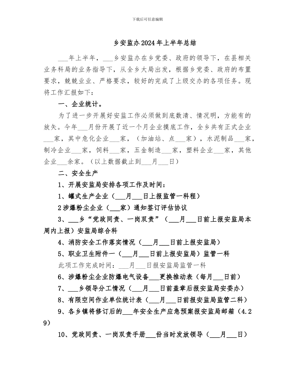 乡安监办2024年上半年总结_第1页