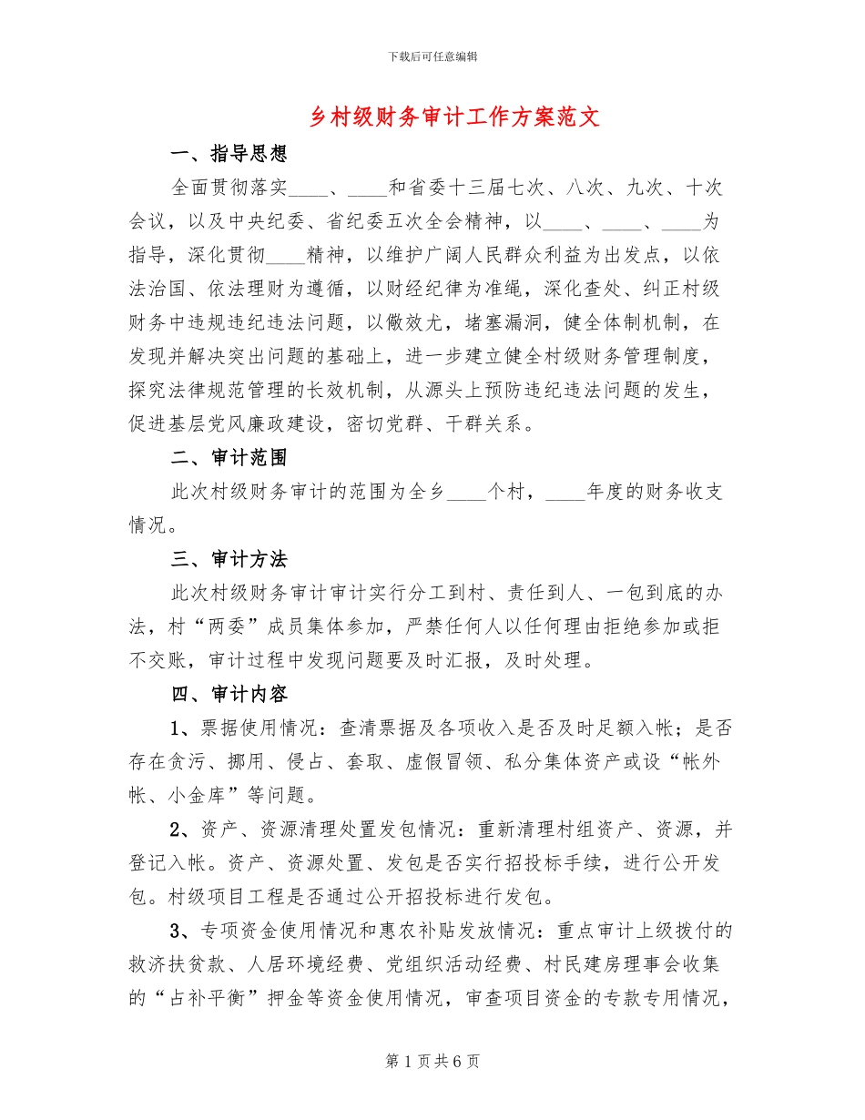 乡村级财务审计工作方案范文_第1页