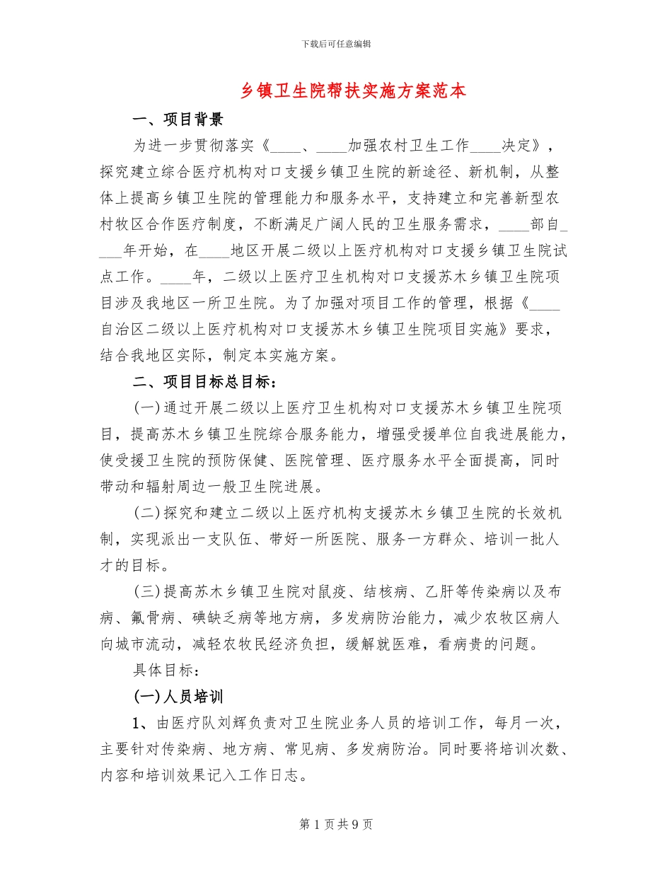 乡镇卫生院帮扶实施方案范本_第1页