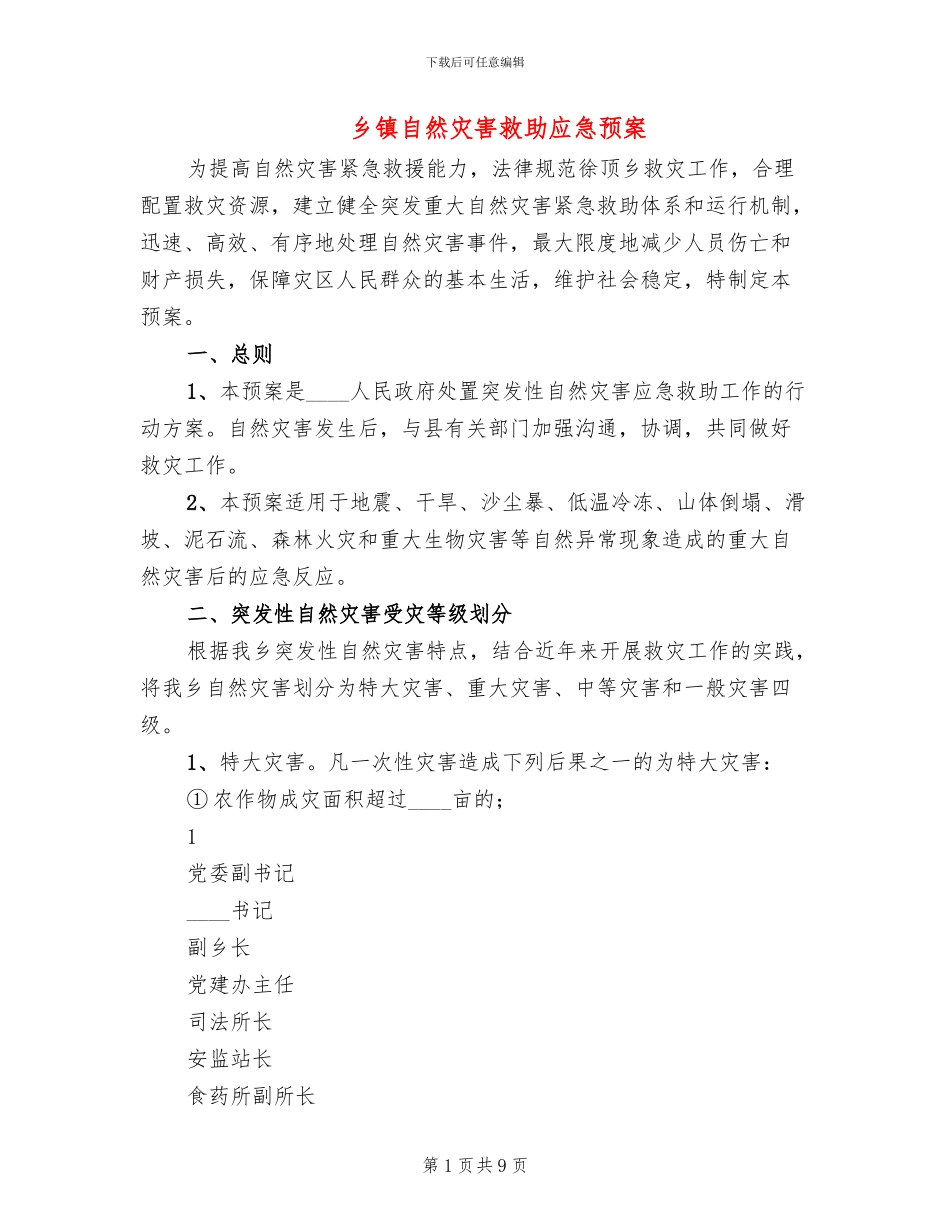 乡镇自然灾害救助应急预案_第1页