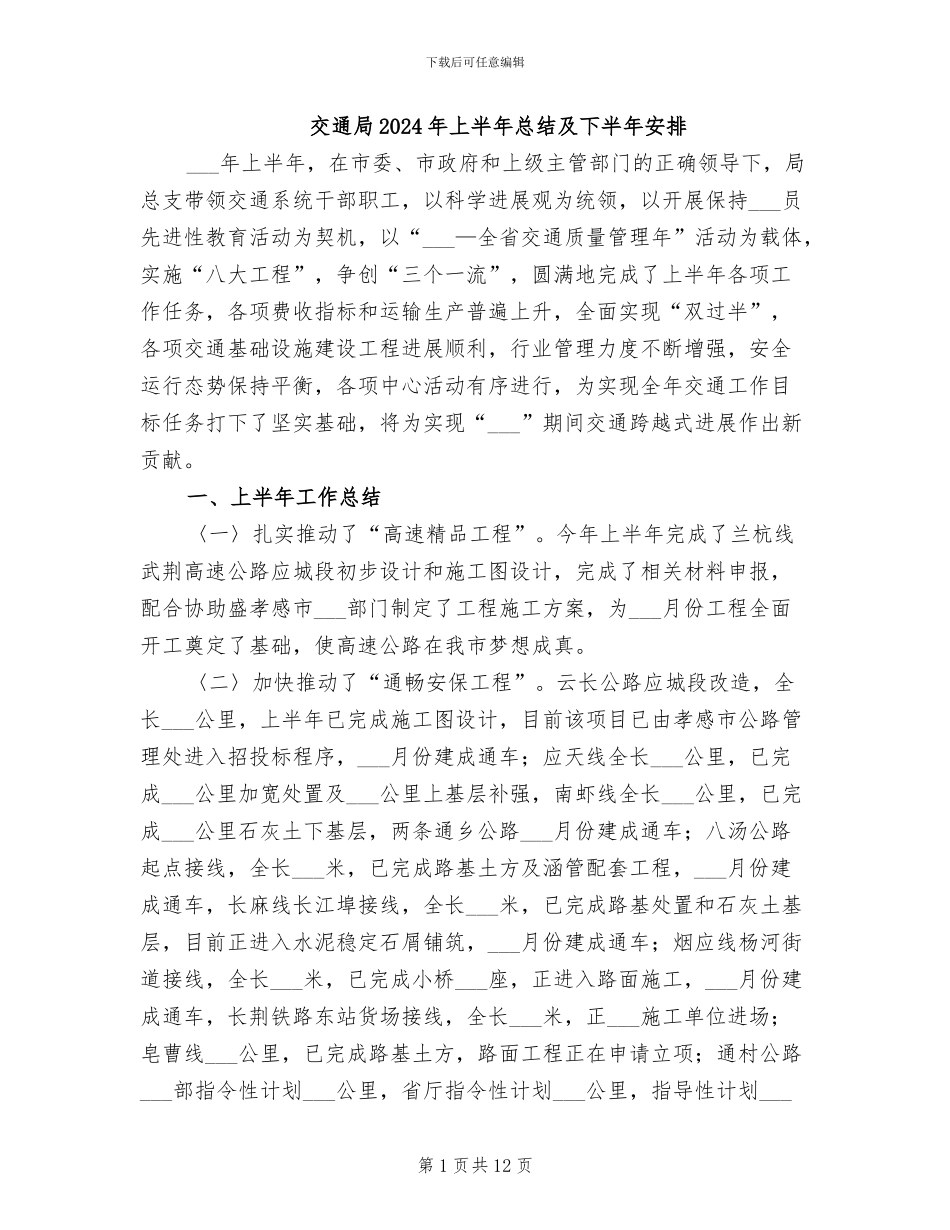 交通局2024年上半年总结及下半年安排_第1页