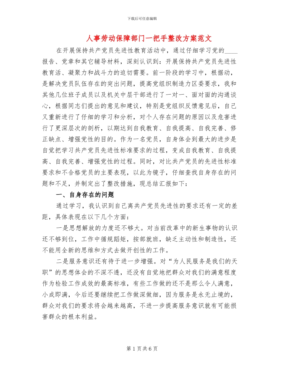 人事劳动保障部门一把手整改方案范文_第1页