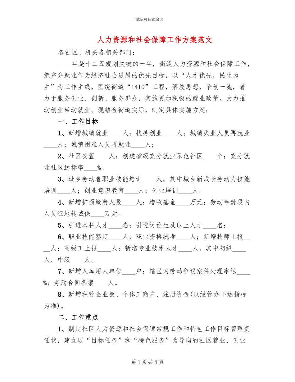 人力资源和社会保障工作方案范文_第1页