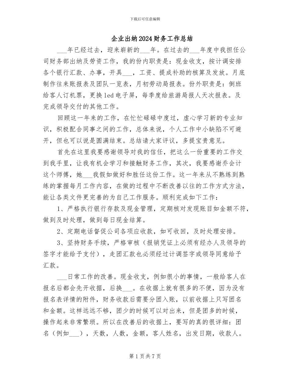 企业出纳2024财务工作总结_第1页