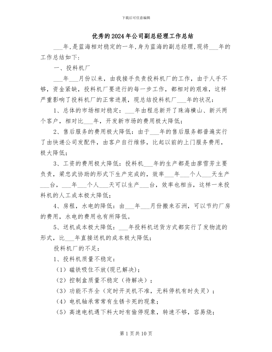优秀的2024年公司副总经理工作总结_第1页