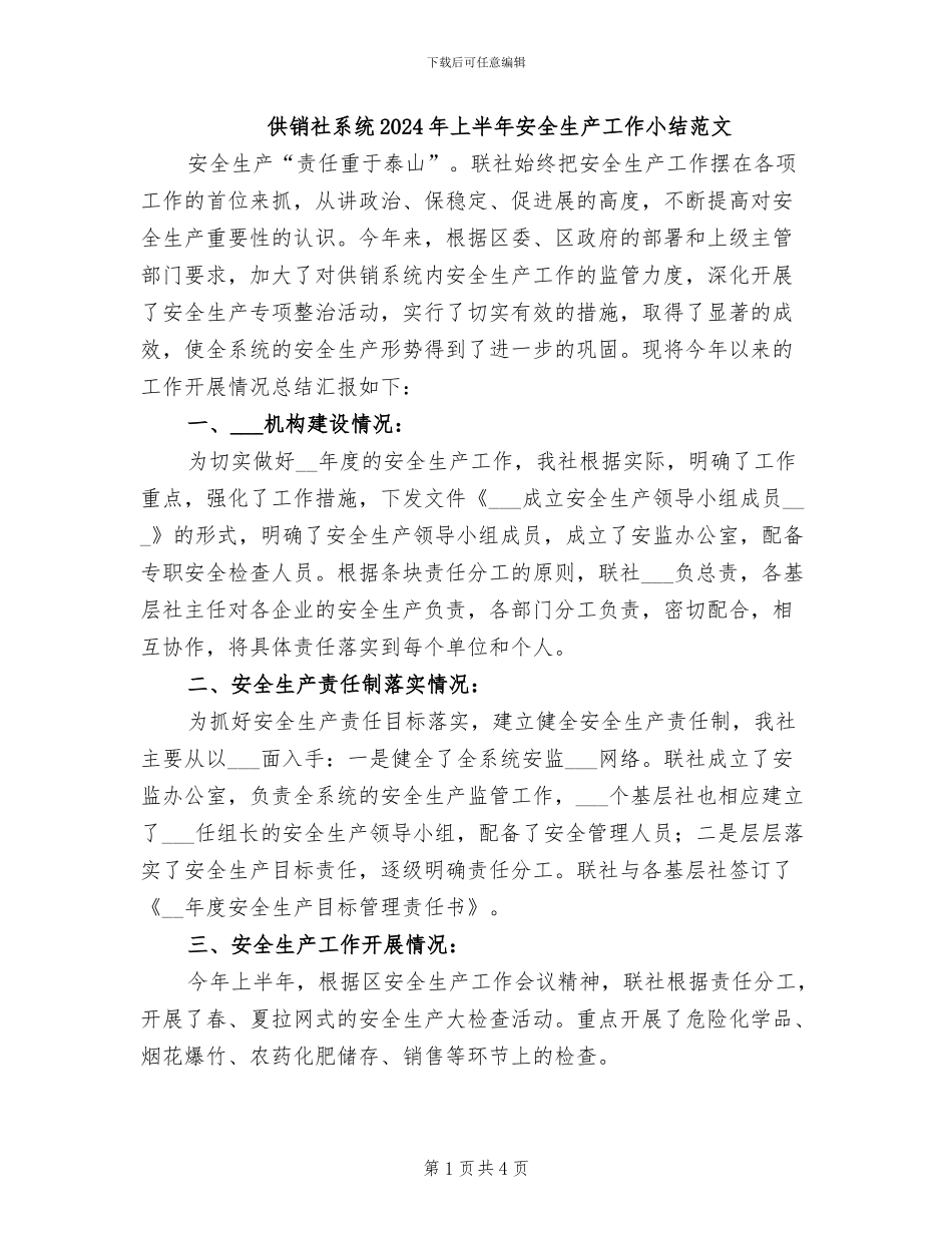 供销社系统2024年上半年安全生产工作小结范文_第1页