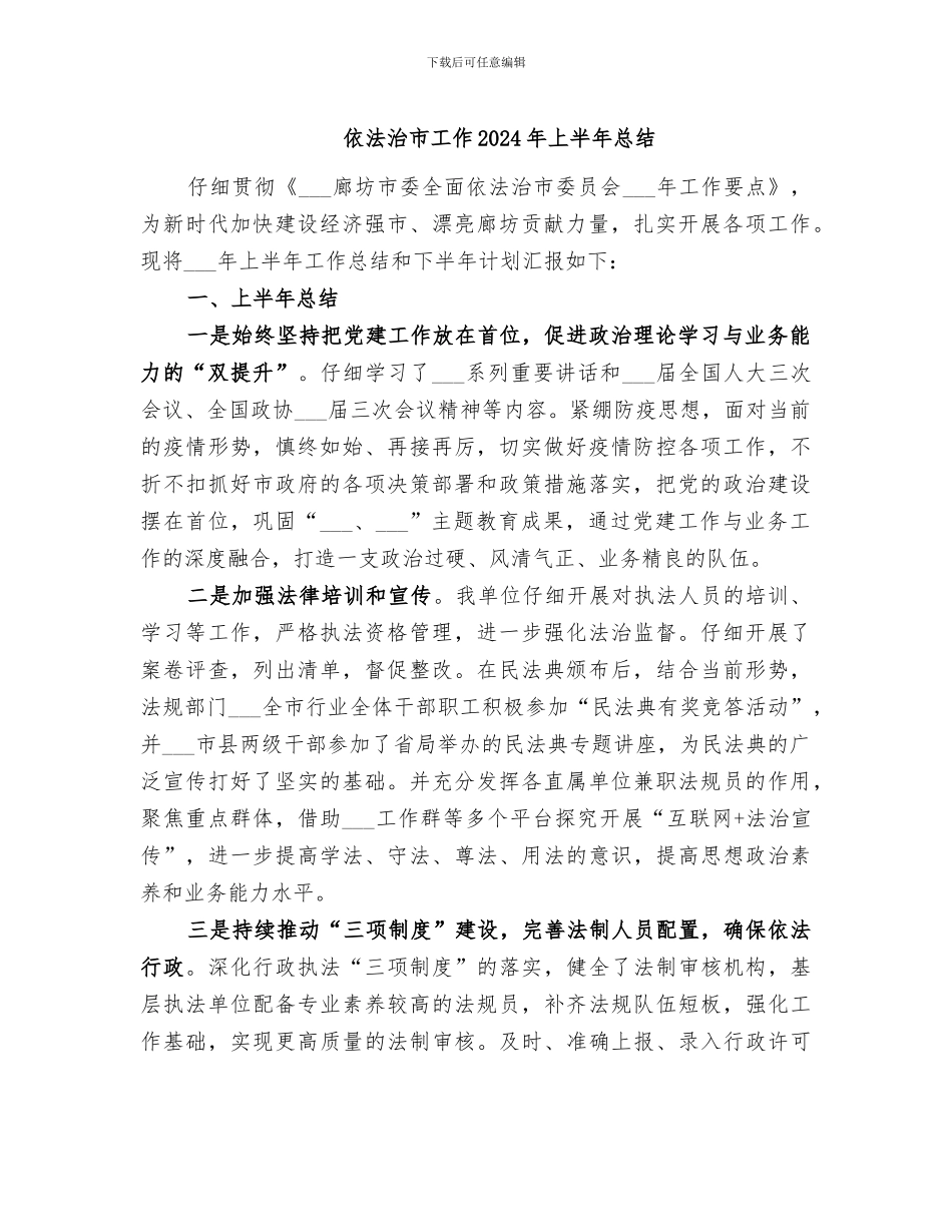 依法治市工作2024年上半年总结_第1页