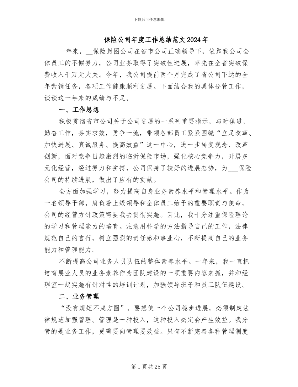 保险公司年度工作总结范文2024年_第1页