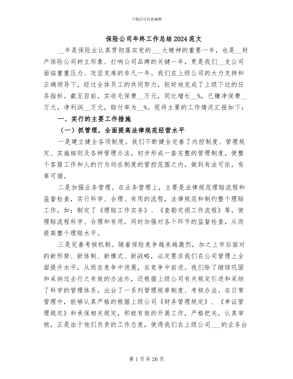 保险公司年终工作总结2024范文_第1页