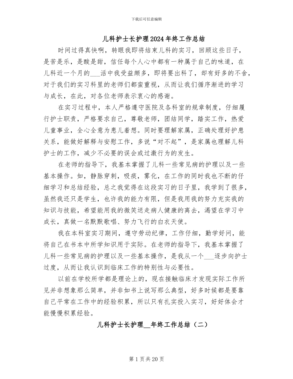 儿科护士长护理2024年终工作总结_第1页