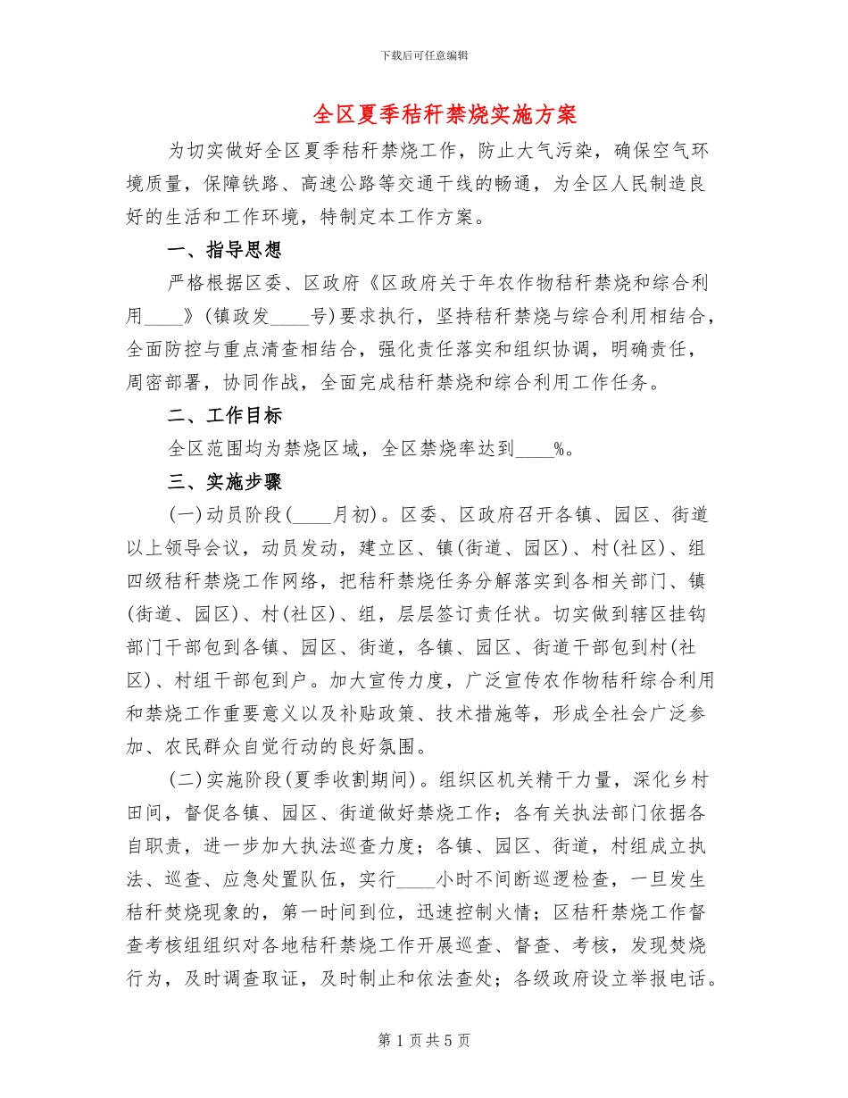 全区夏季秸秆禁烧实施方案_第1页