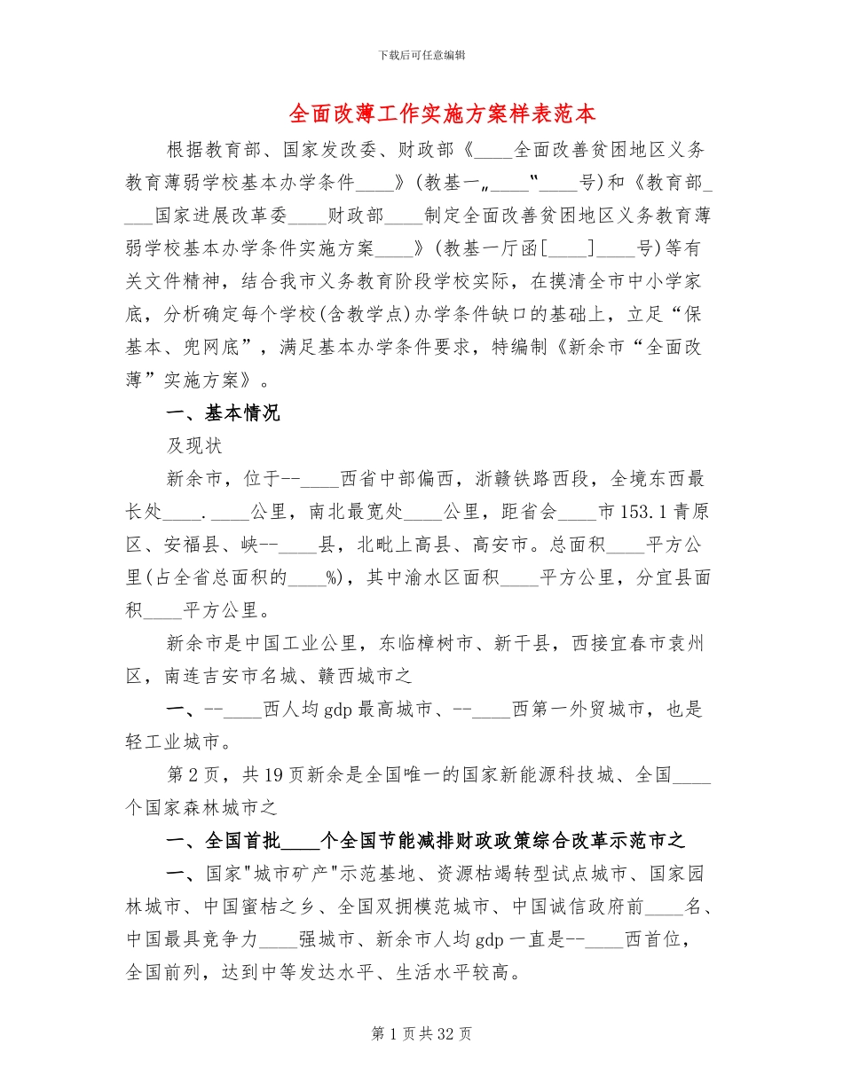 全面改薄工作实施方案样表范本_第1页