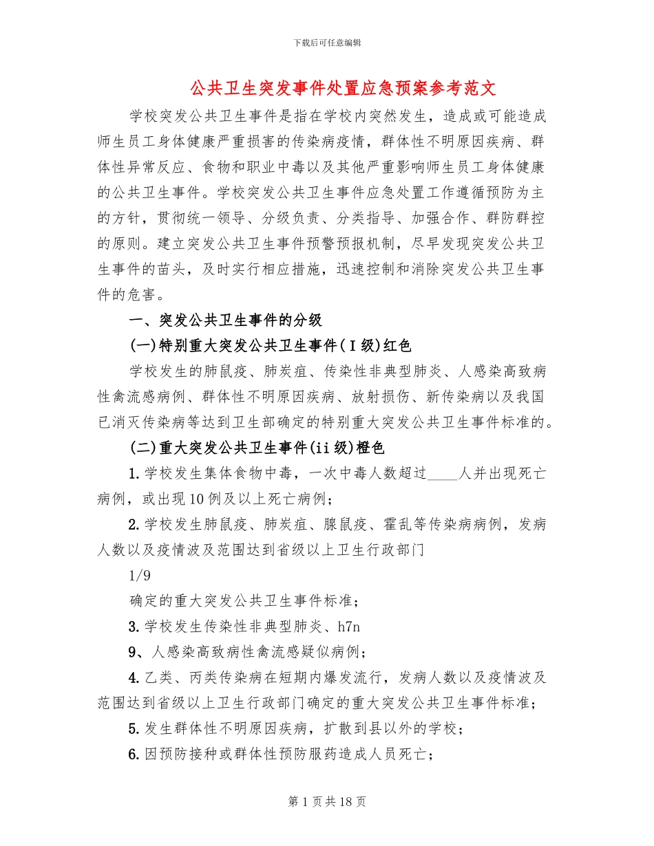 公共卫生突发事件处置应急预案参考范文_第1页