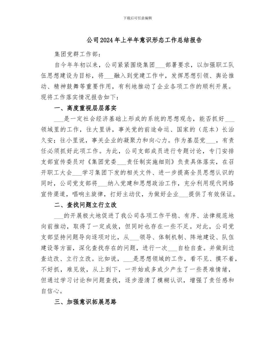 公司2024年上半年意识形态工作总结报告_第1页