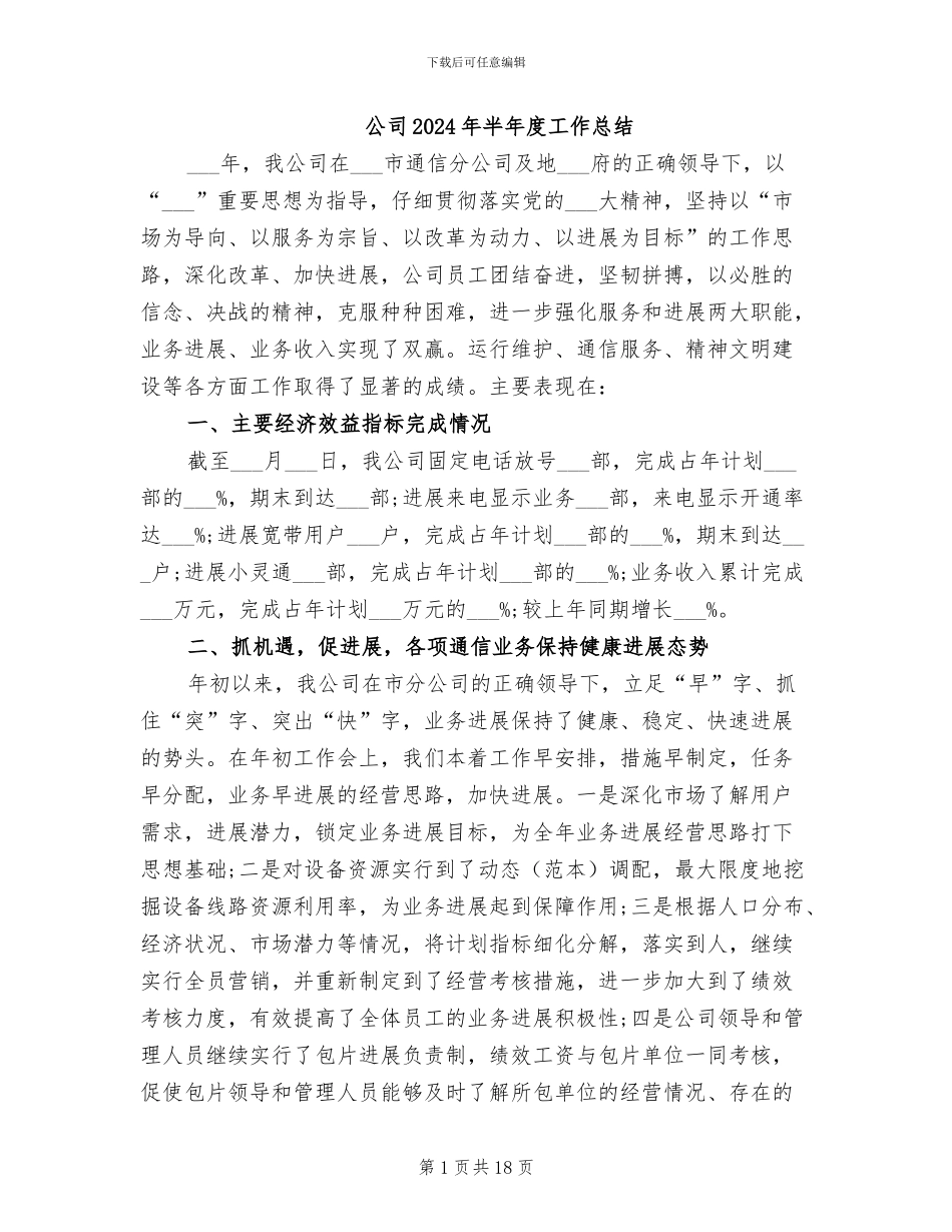 公司2024年半年度工作总结_第1页