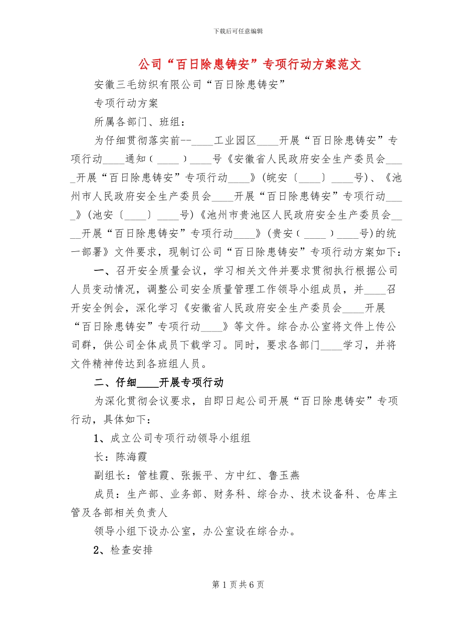 公司“百日除患铸安”专项行动方案范文(2篇)_第1页