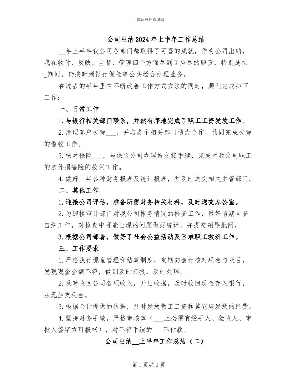 公司出纳2024年上半年工作总结_第1页