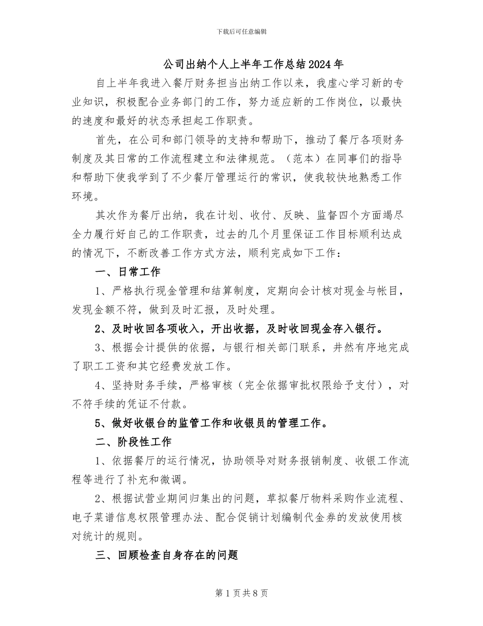 公司出纳个人上半年工作总结2024年_第1页