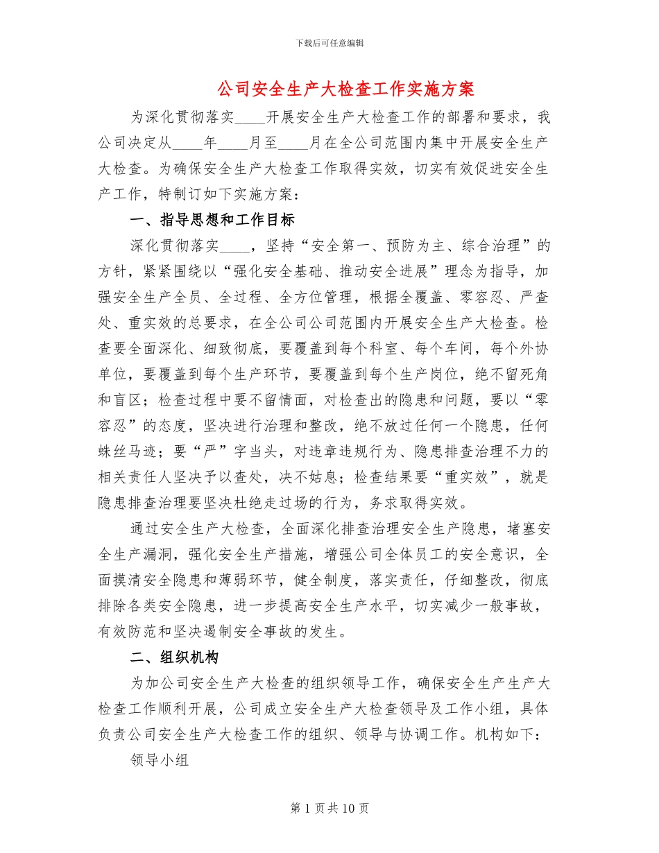 公司安全生产大检查工作实施方案_第1页