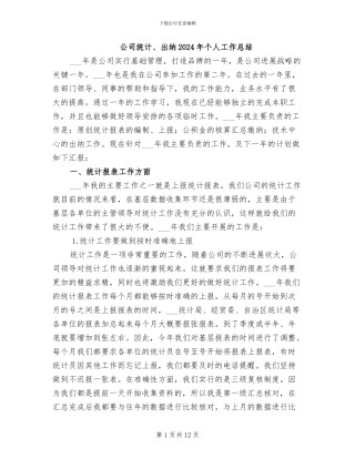 公司统计、出纳2024年个人工作总结