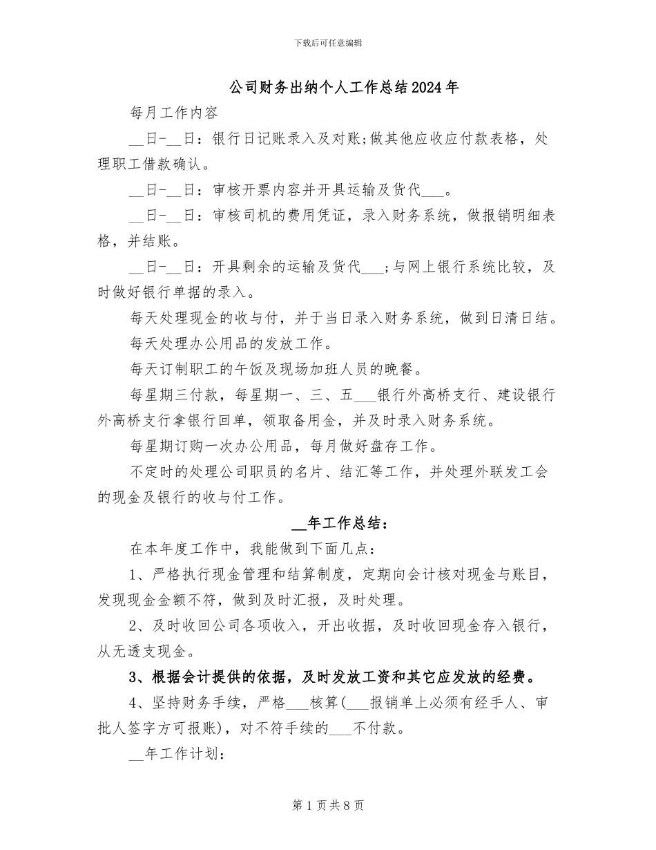 公司财务出纳个人工作总结2024年_第1页