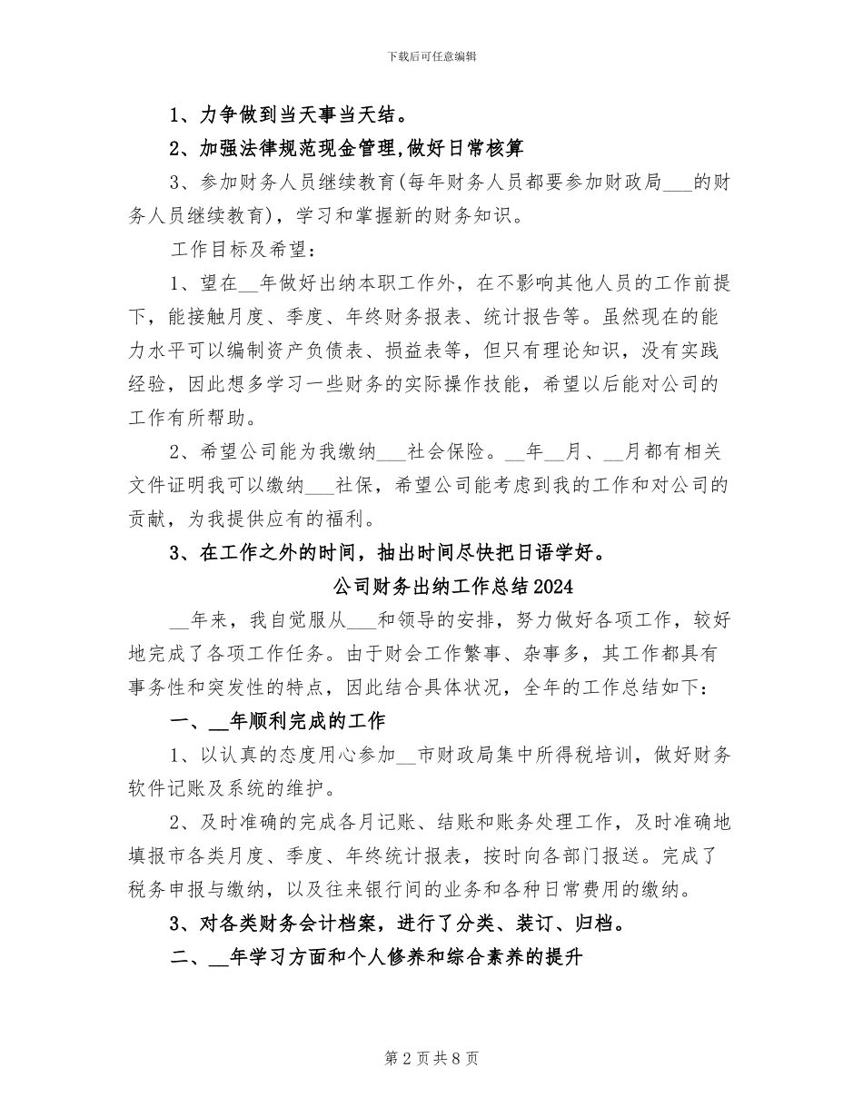 公司财务出纳个人工作总结2024年_第2页