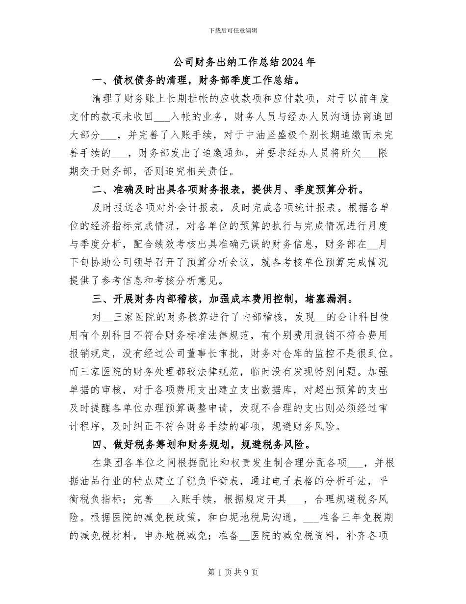 公司财务出纳工作总结2024年_第1页