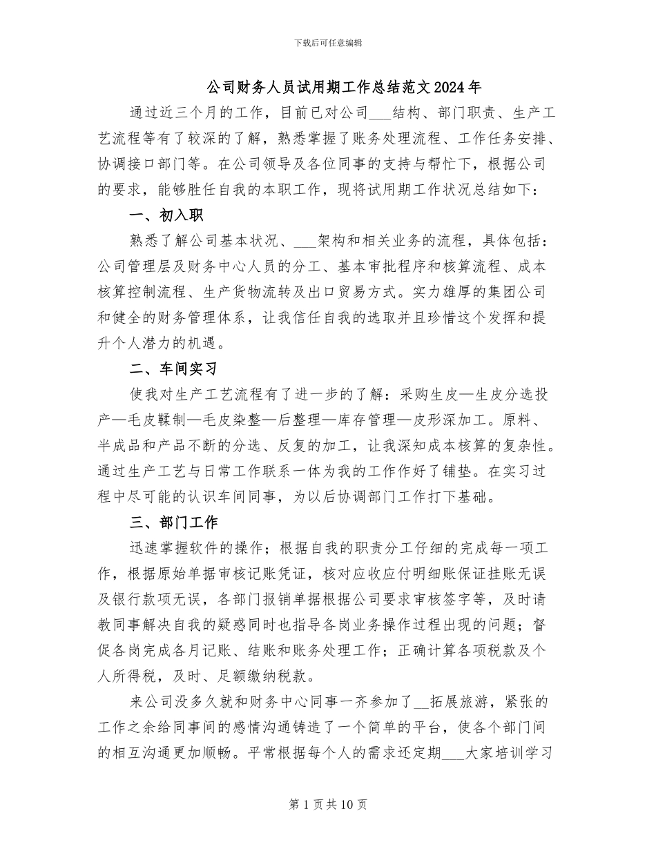 公司财务人员试用期工作总结范文2024年_第1页