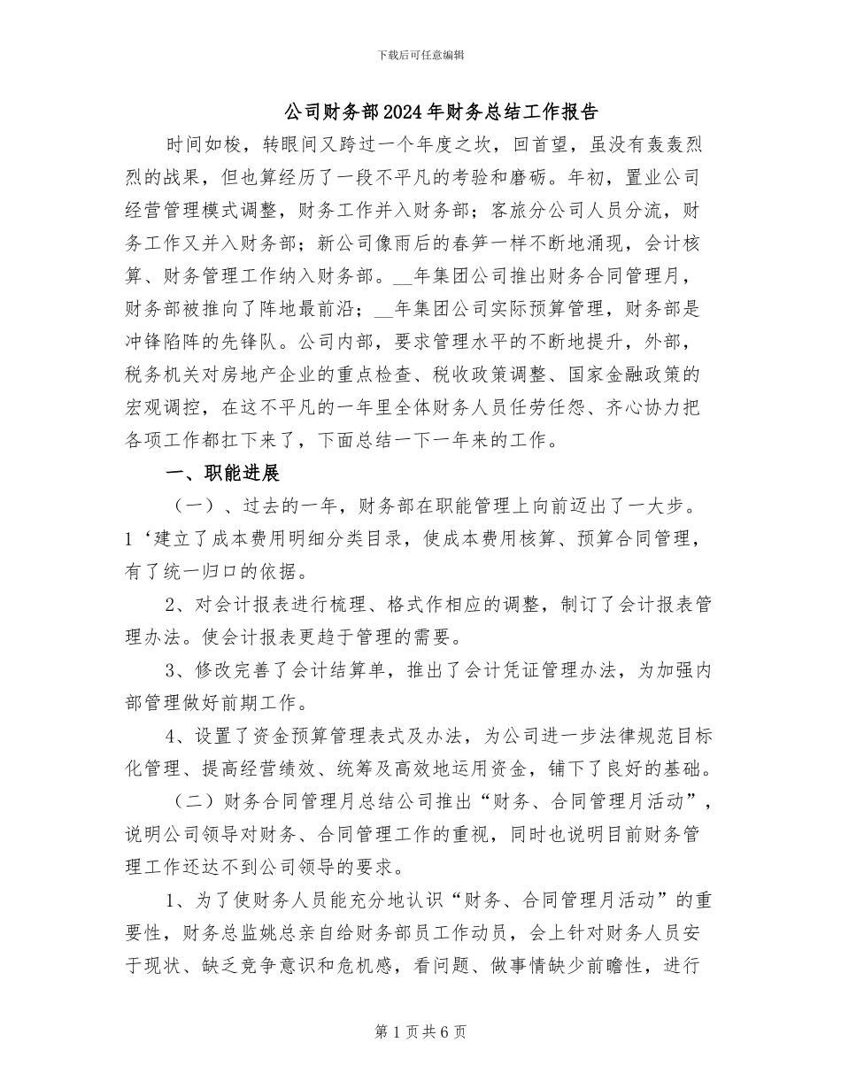 公司财务部2024年财务总结工作报告_第1页