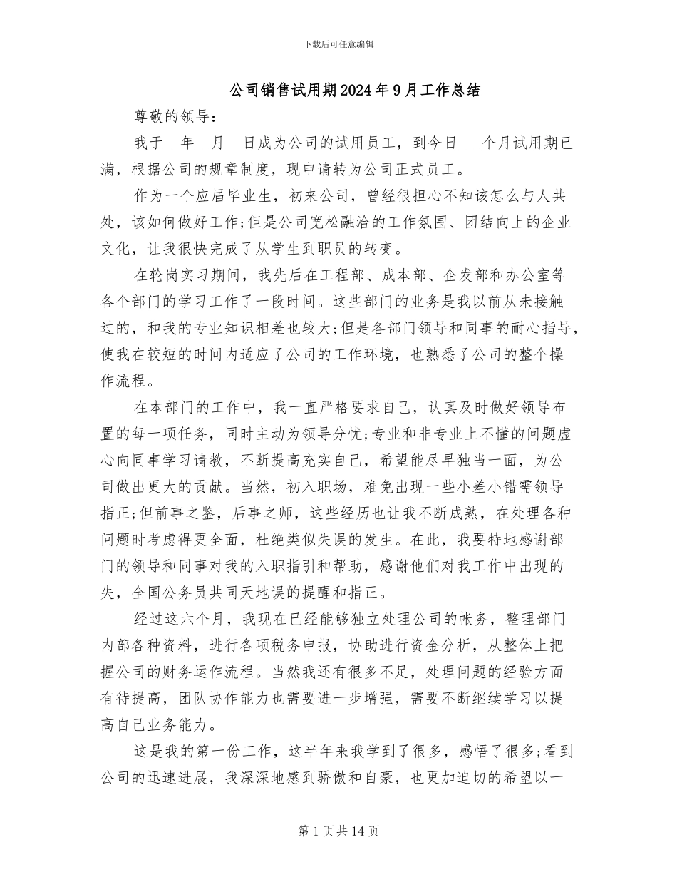 公司销售试用期2024年9月工作总结_第1页