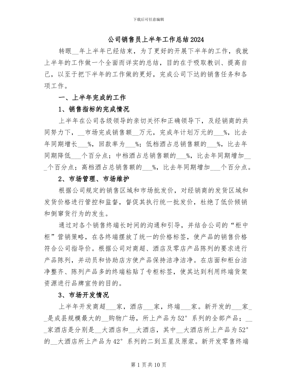 公司销售员上半年工作总结2024_第1页