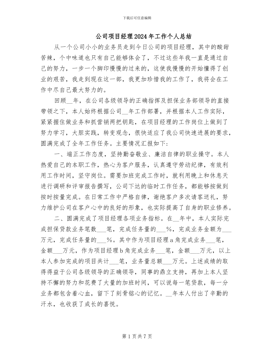 公司项目经理2024年工作个人总结_第1页