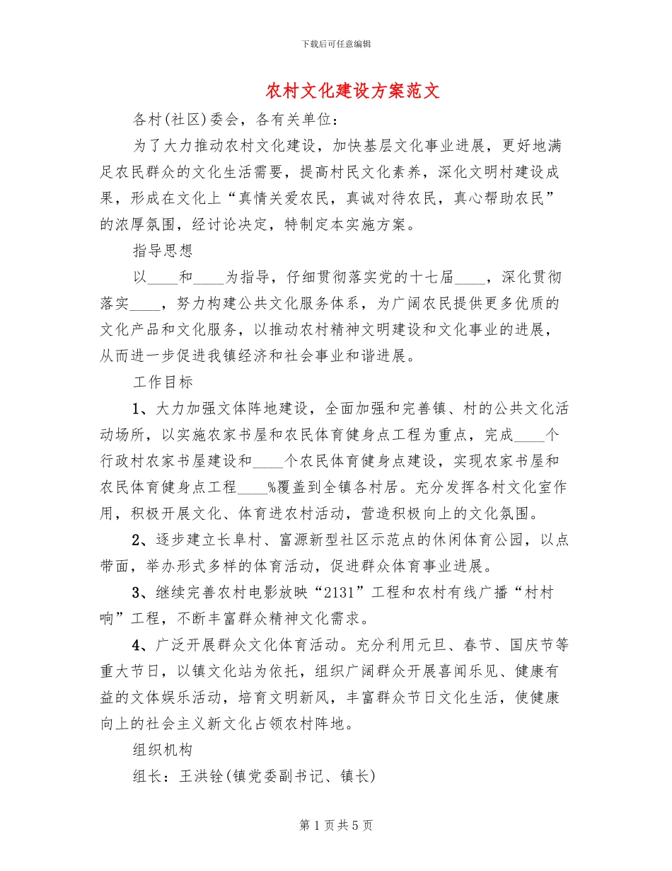 农村文化建设方案范文_第1页