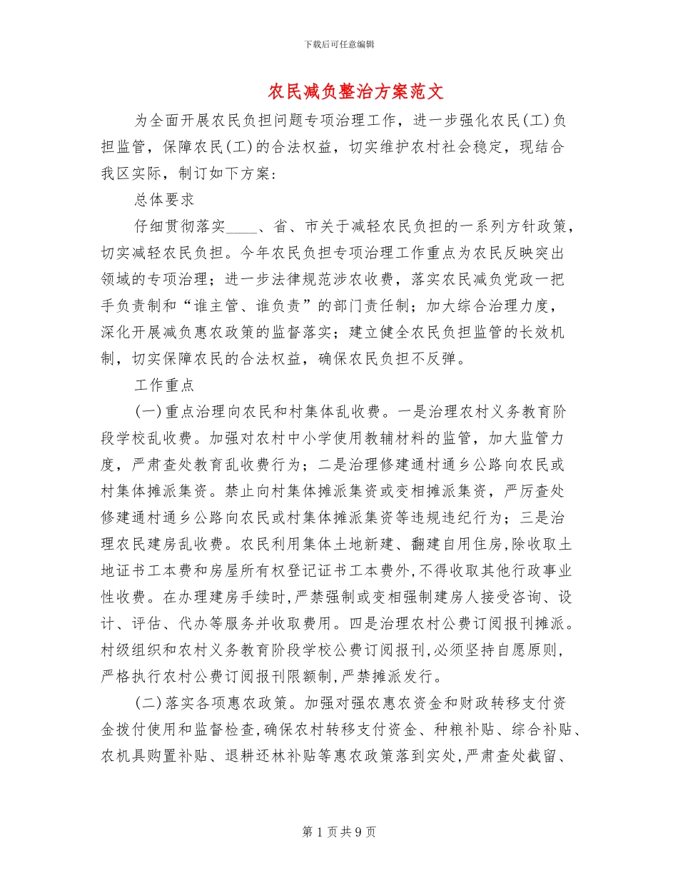 农民减负整治方案范文_第1页