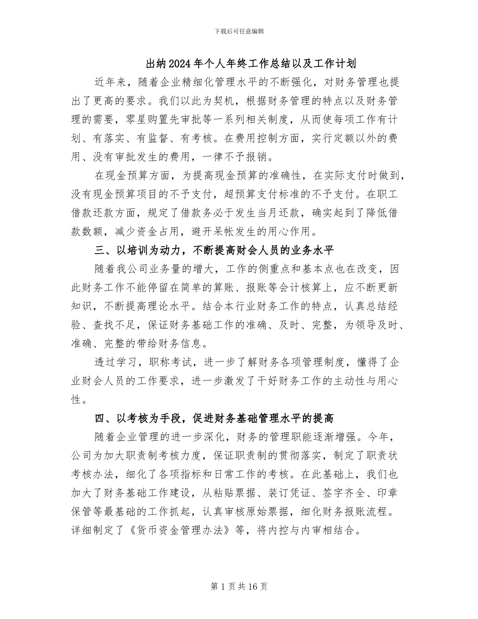 出纳2024年个人年终工作总结以及工作计划_第1页