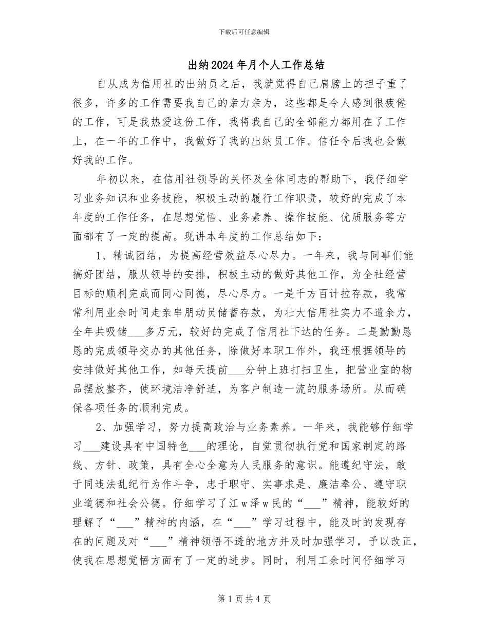 出纳2024年月个人工作总结_第1页
