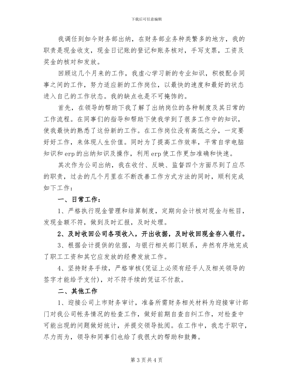 出纳2024年月个人工作总结_第3页