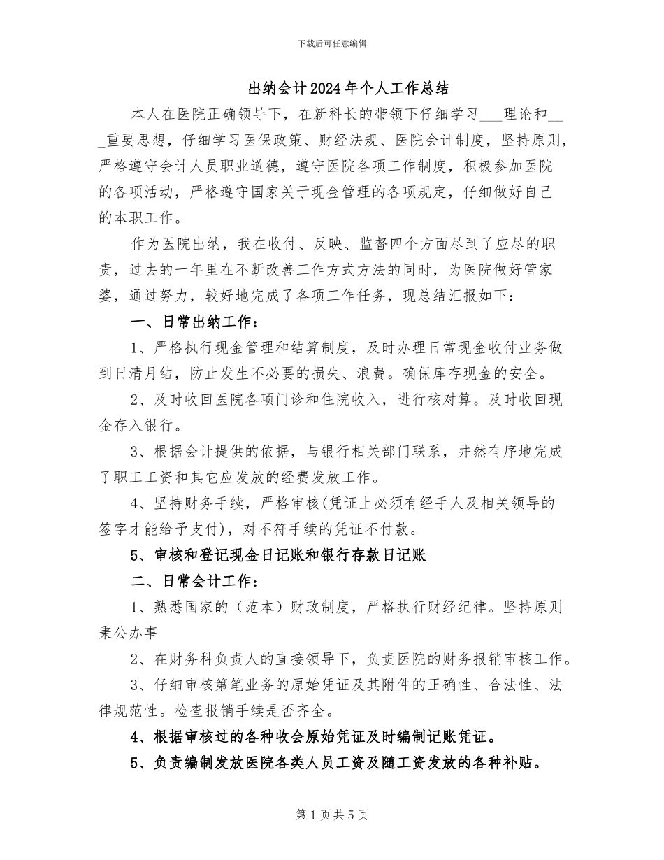 出纳会计2024年个人工作总结_第1页