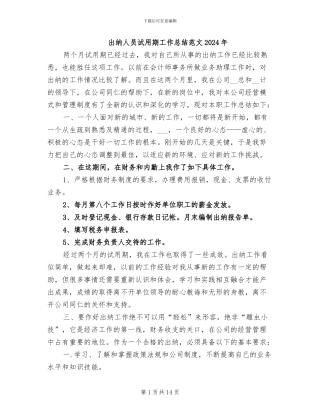 出纳人员试用期工作总结范文2024年
