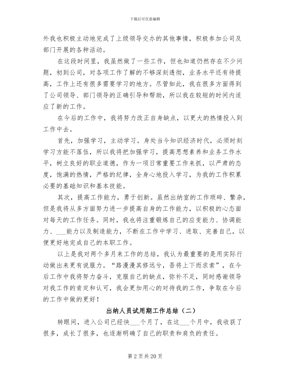 出纳人员试用期工作总结2024年_第2页