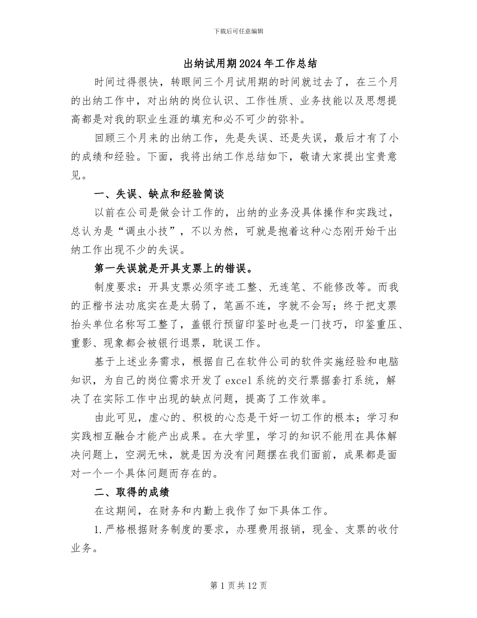 出纳试用期2024年工作总结_第1页