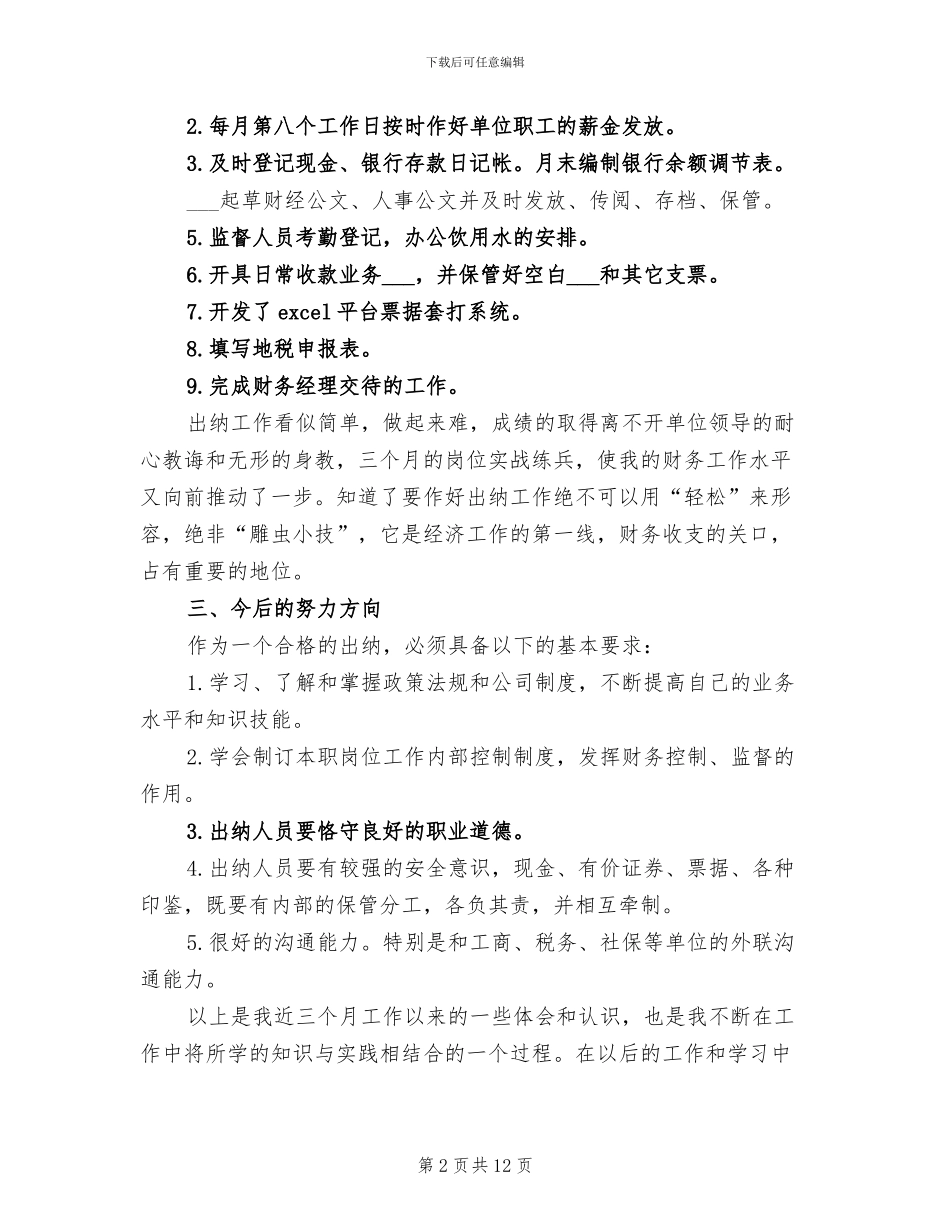 出纳试用期2024年工作总结_第2页