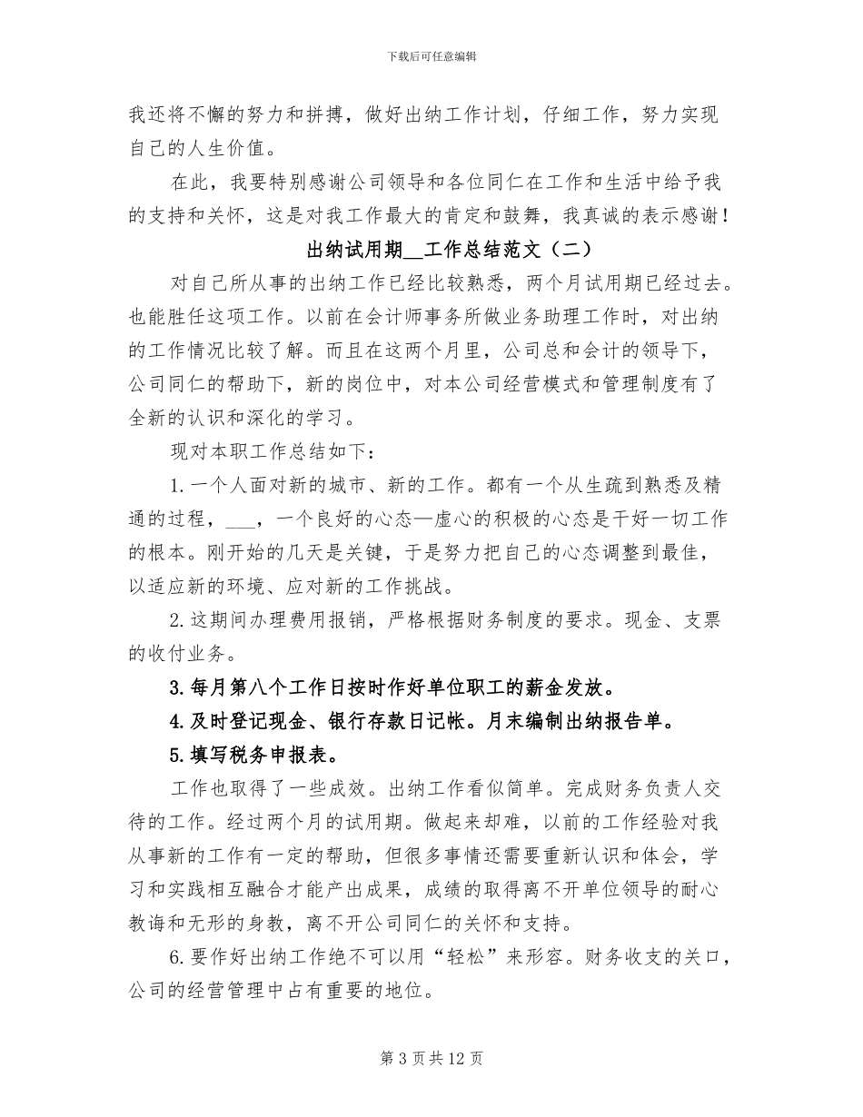 出纳试用期2024年工作总结_第3页