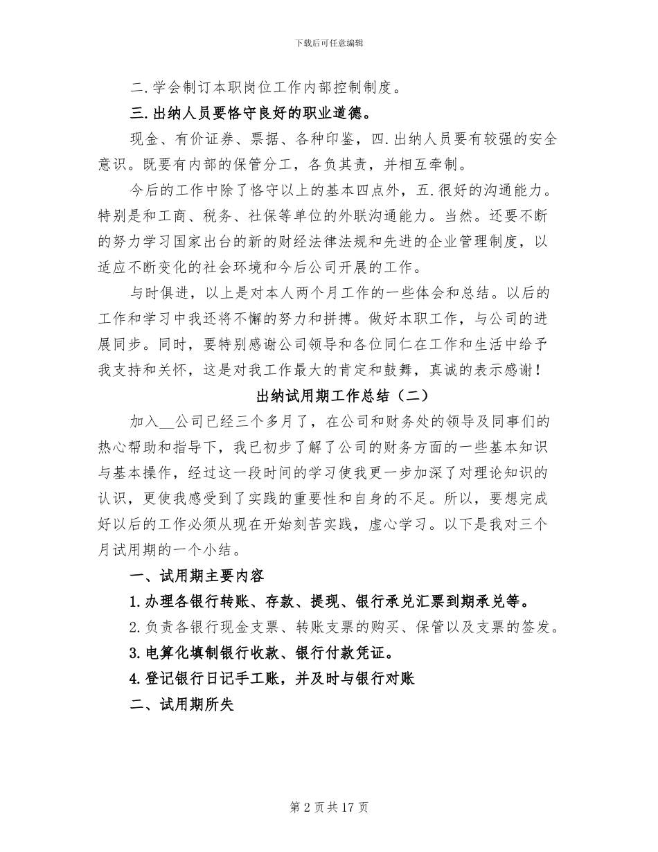 出纳试用期工作总结2024年范文_第2页